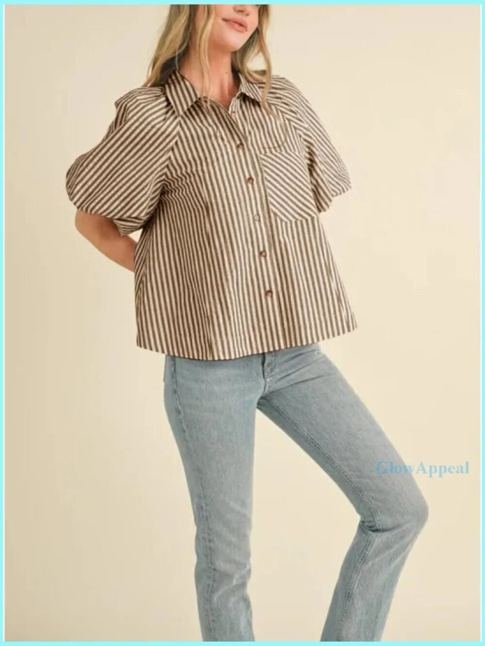 Striped Button Down Shirt Puff Sleeve Collared V Neck Loose Casual Blouse - Picture 2 of 7